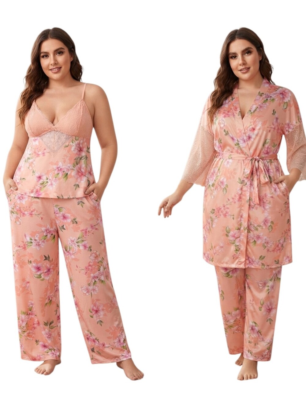 ​La Vie En Rose 3-Piece Pajama Set Large Peach Floral Cami Pants Robe Lace